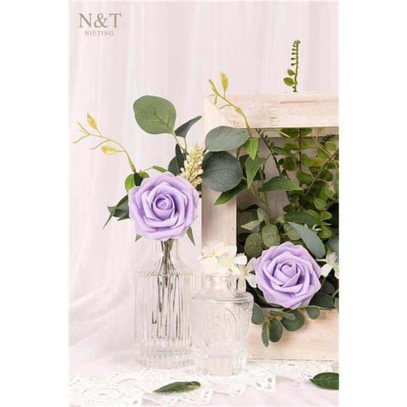 Purple Roses Artificial Flowers 25Pcs Fake Flowers Foam Roses with Stems for DIY - Picture 3 of 6